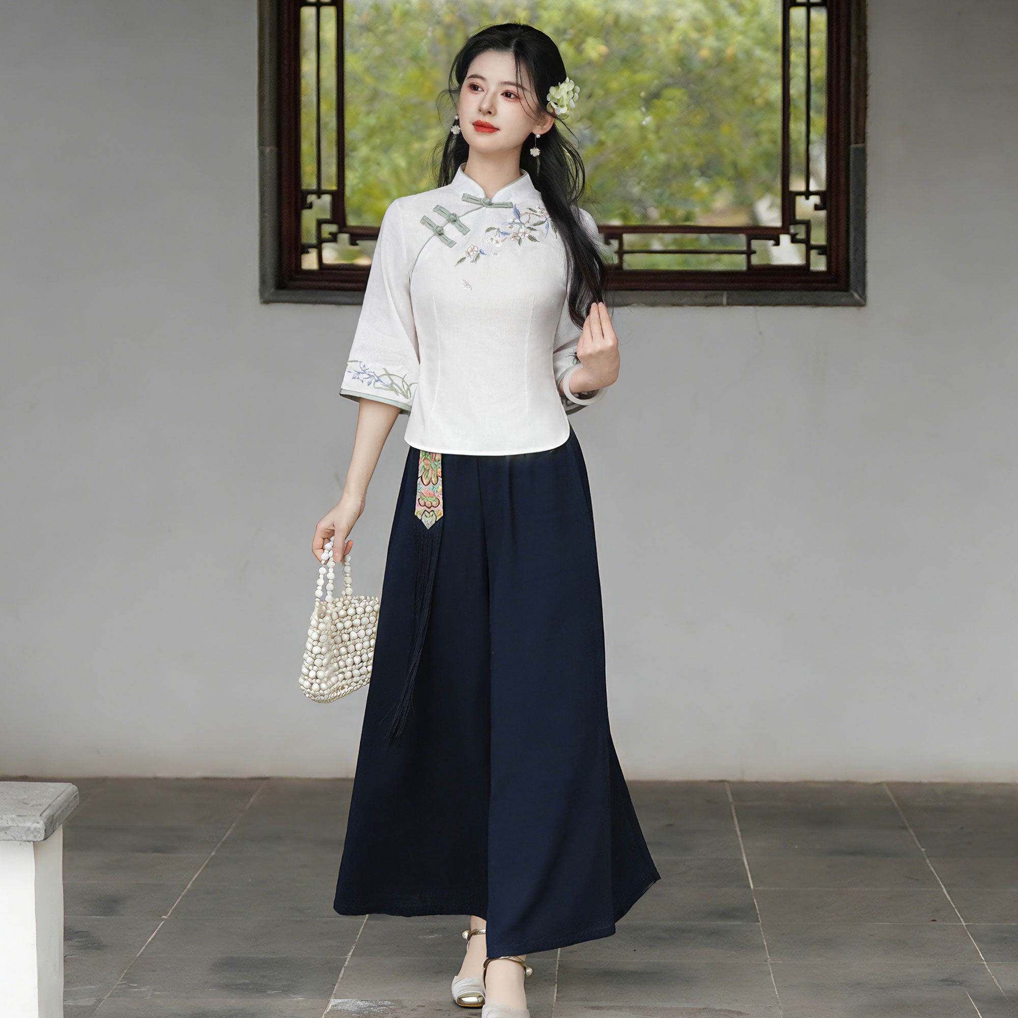 新中式茶艺师工作服女夏茶馆前台接待服装改良唐装旗袍套装两件套