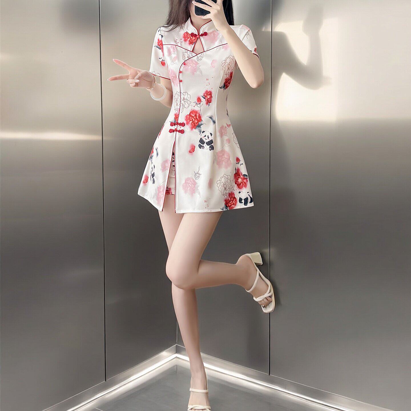 新中式改良旗袍年轻款少女连衣裙订婚足浴店技师汉服套装小个子夏