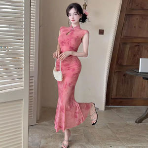 复古港风粉色旗袍女夏季新款改良版无袖削肩连衣裙气质名媛风长裙
