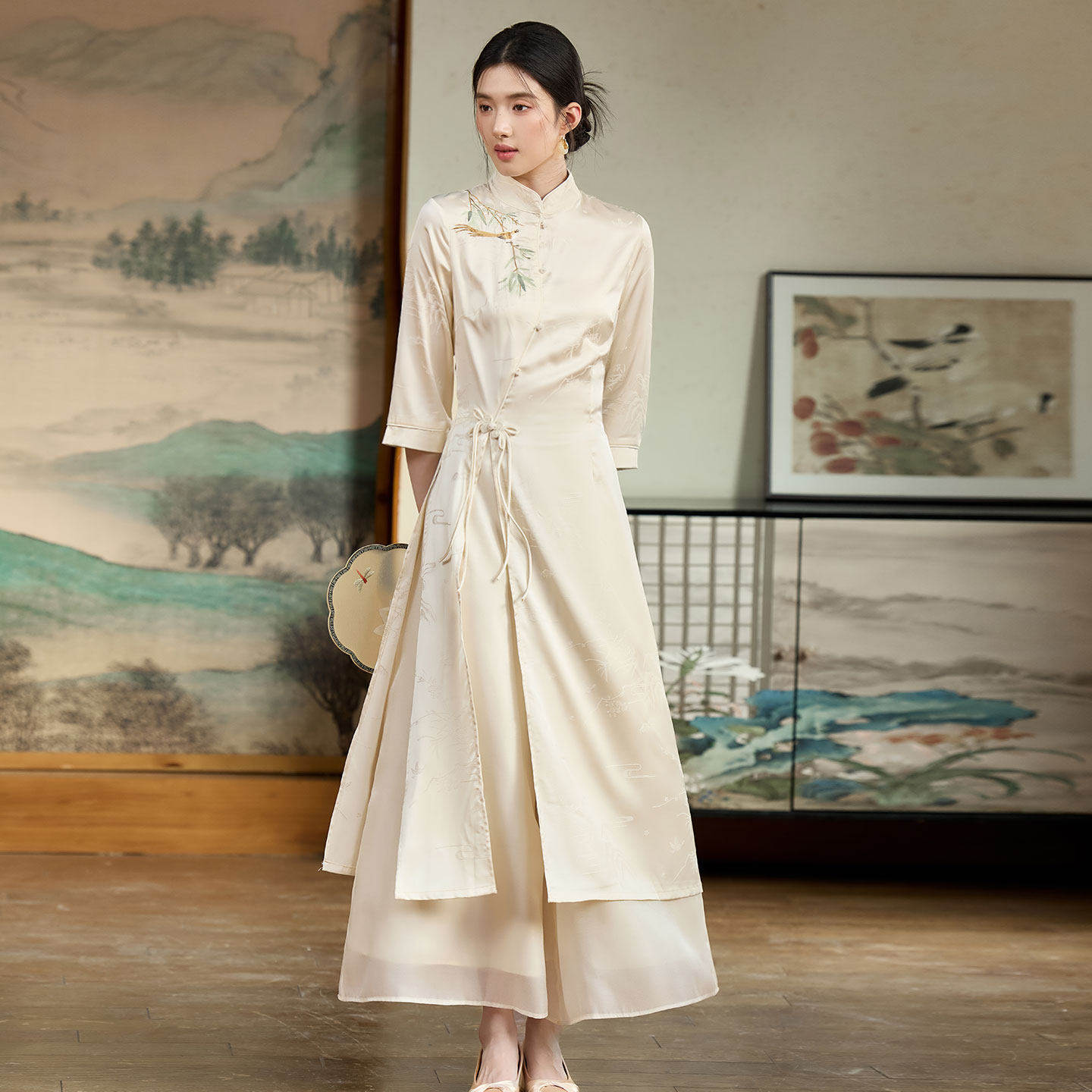 新中式复古茶服复古春季新款禅意日常七分袖裙子套装