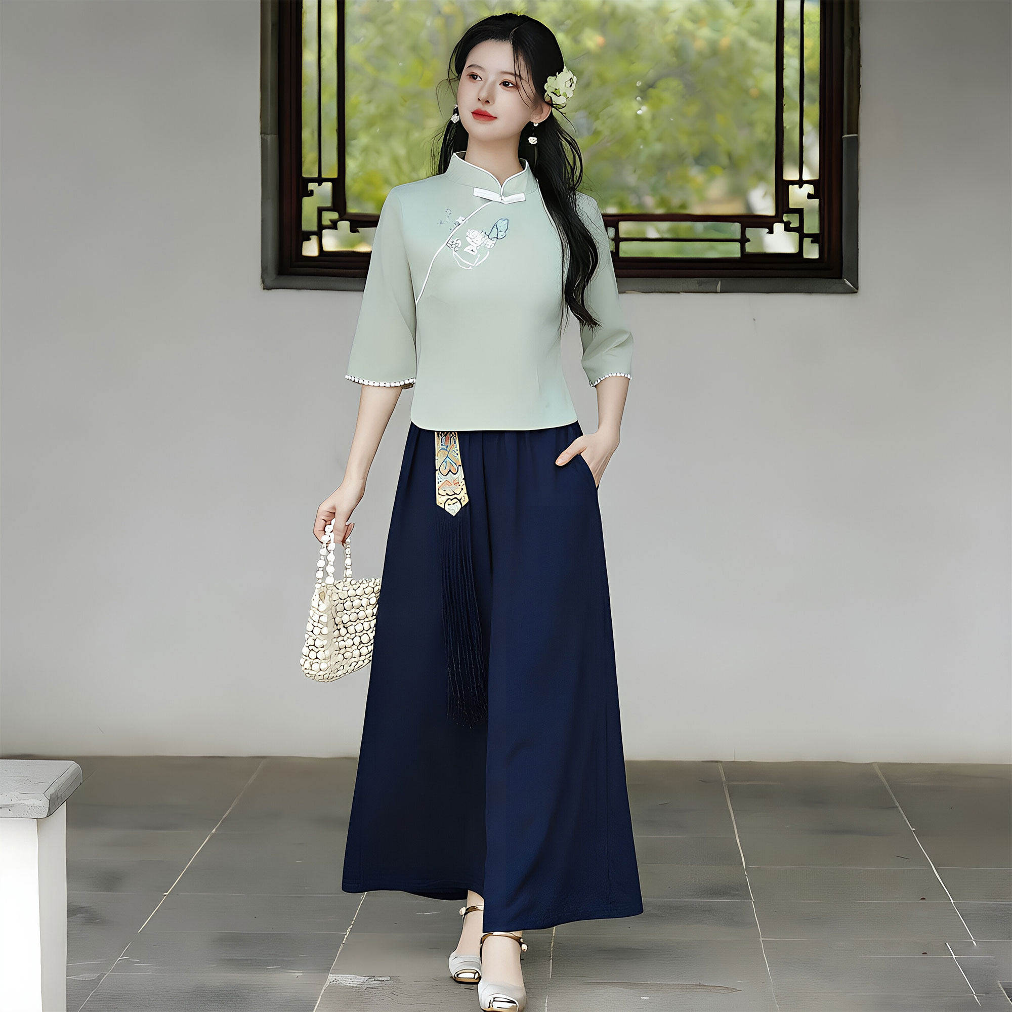 养生馆工作服夏新中式制服美容院技师服茶艺师服装旗袍上衣两件套