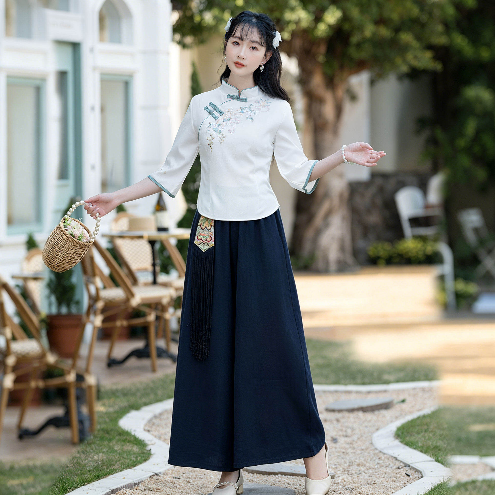 新中式改良旗袍学生演出服民国风古筝表演服装刺绣上衣阔腿裤套装