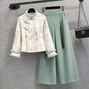 新中式中国风女装秋冬棉服外套两件套复古盘扣显瘦套装茶艺师服装