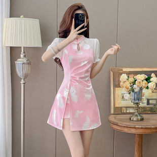 夏季改良汉服旗袍粉色美容院新中式茶服禅意修身显瘦短裙小个子薄