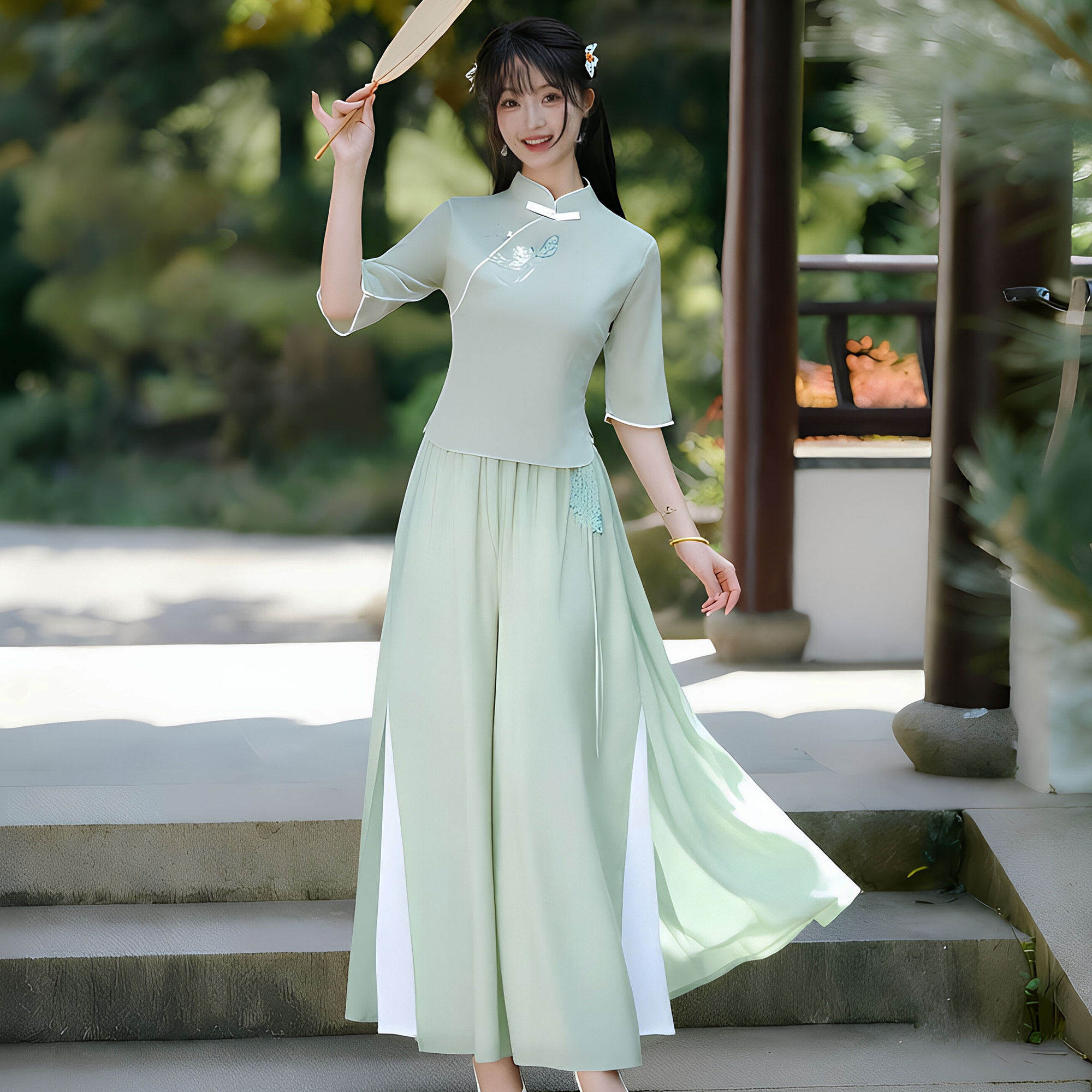 中式套装女改良汉服刺绣上衣阔腿裤中国风两件套养生馆茶艺工作服