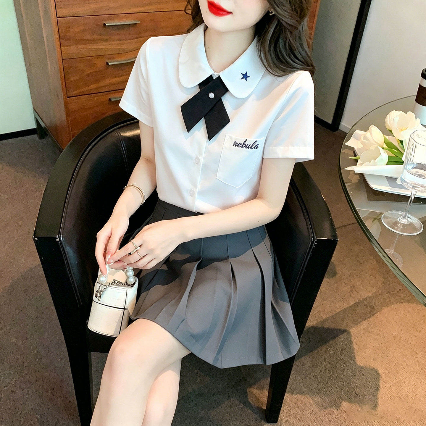 夏季美容师工作服短袖衬衫套装足浴技师前台接待制服百褶裙两件套