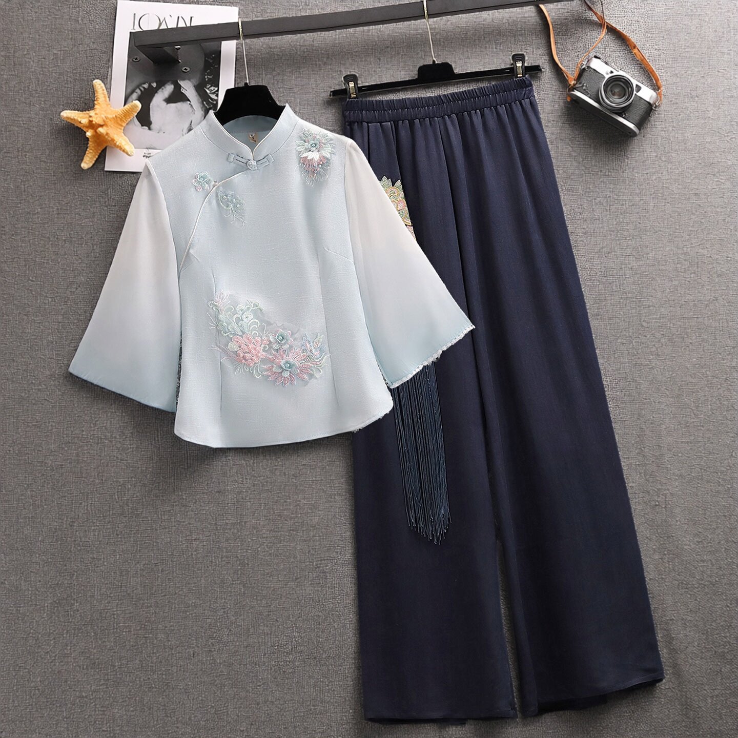 民国风旗袍禅意茶服女夏新中式套装刺绣民族风两件套养生馆工作服