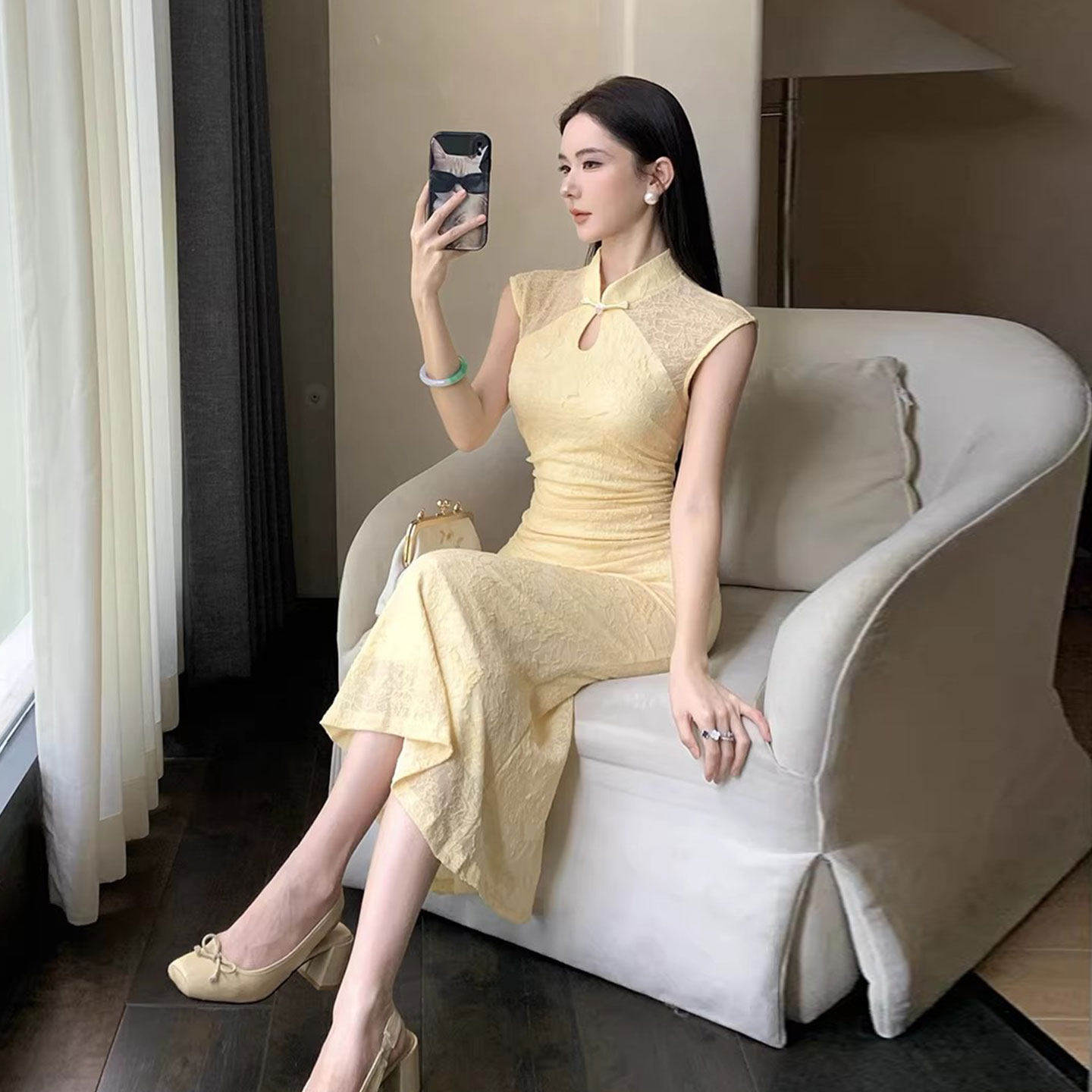 女夏新中式改良民国旗袍连衣裙复古修身开叉裙子蕾丝日常可穿汉服