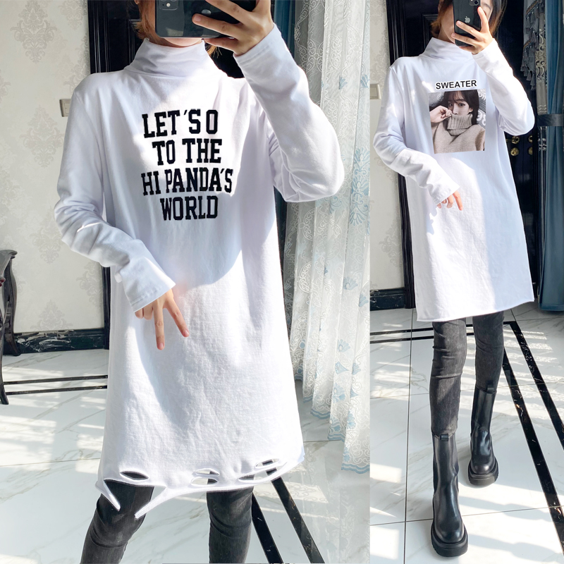 冬女高领加长破洞卷边白T恤加绒中长款棉字母美女条纹印花打底衫