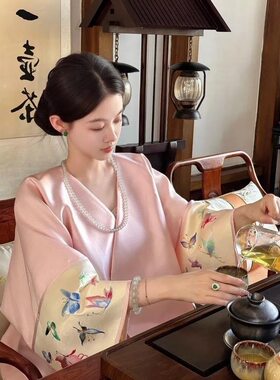 大码胖mm复古简约时尚国风唐装粉色宽松外套女新款
