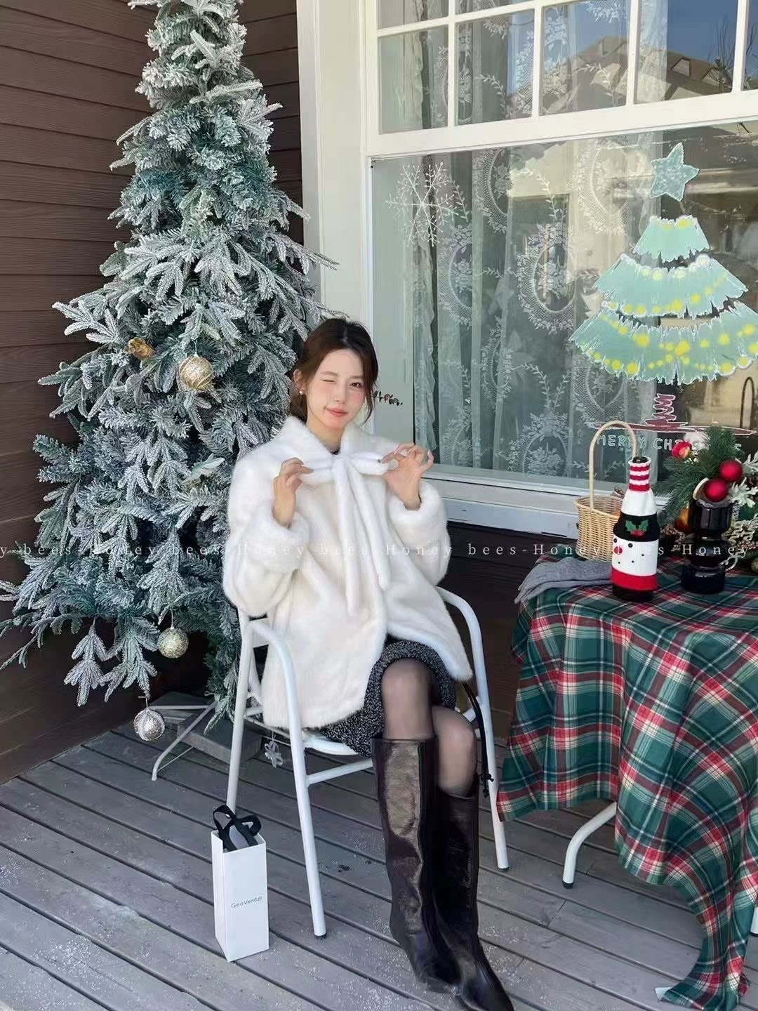 水貂毛蝴蝶结毛毛外套女秋冬短款上衣富家千金环保皮草大码外套
