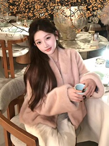 粉色仿水貂皮草女冬季新款加厚貂绒皮毛一体保暖羽绒服