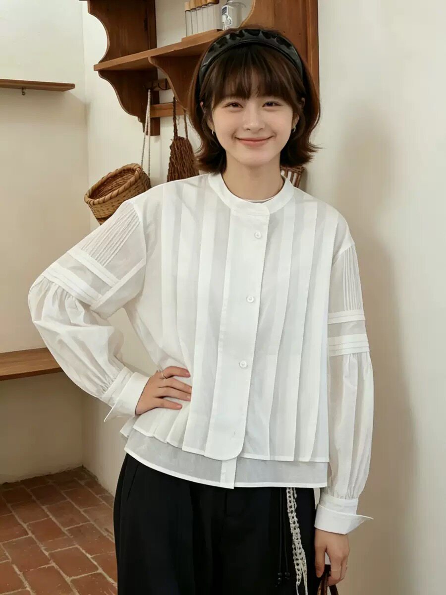 小衫女款2026新款通勤塔克褶小众圆领 法式高级感衬衫