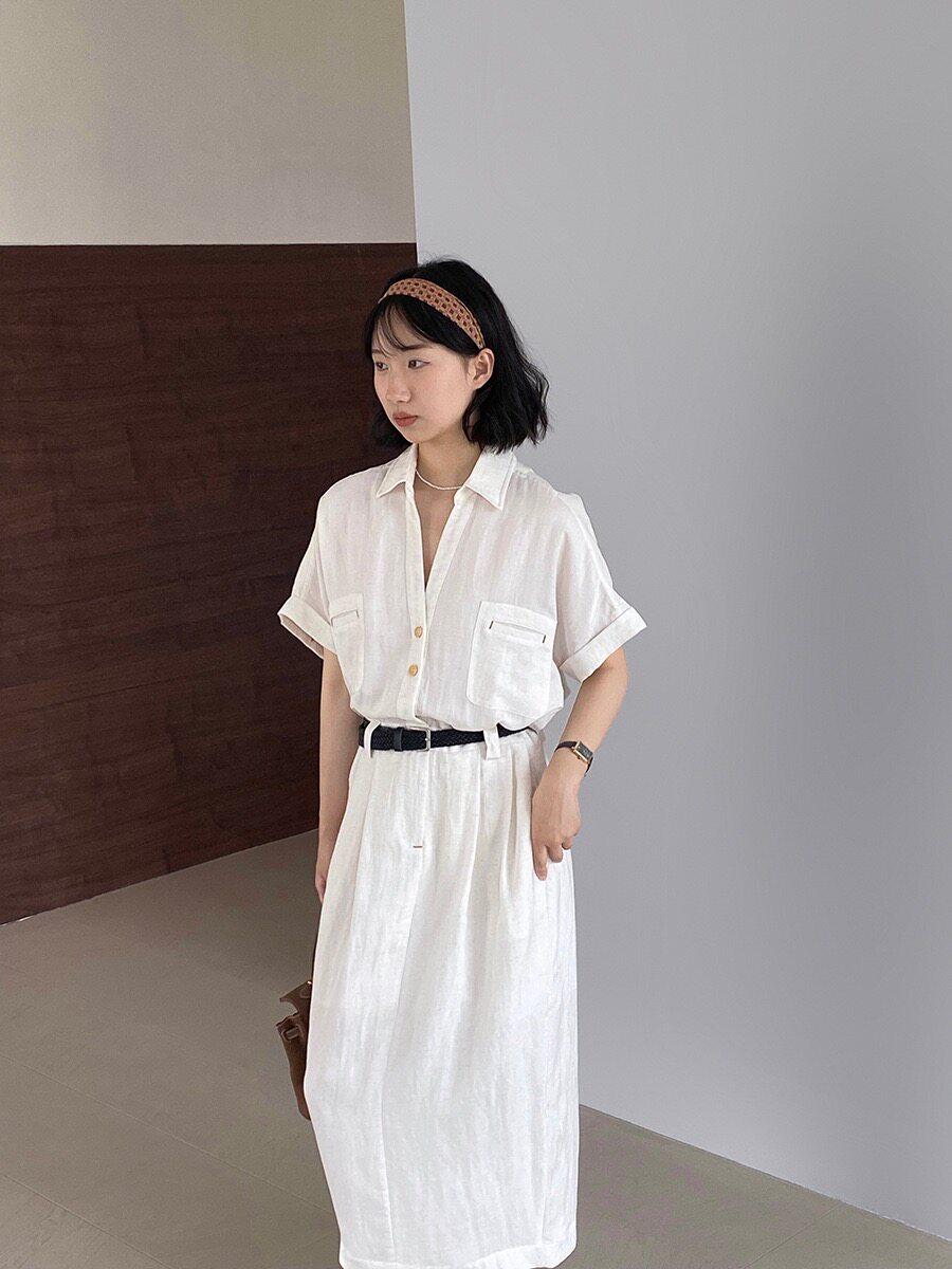 老钱风裙子亚麻女装夏高级感短袖连衣裙女夏长裙配皮带