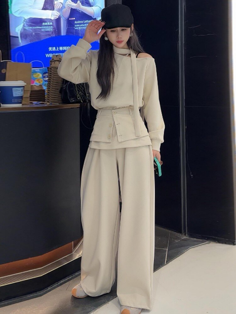 时尚套装女2026春季新款洋气质宽松显瘦设计感卫衣腰封休闲三件套