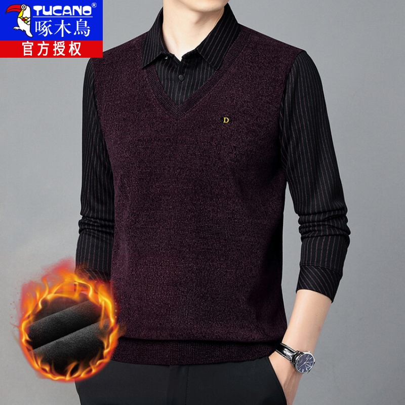 冬季雪尼尔毛衣加绒加厚保暖假两件衬衫领上衣男打底衫毛衣