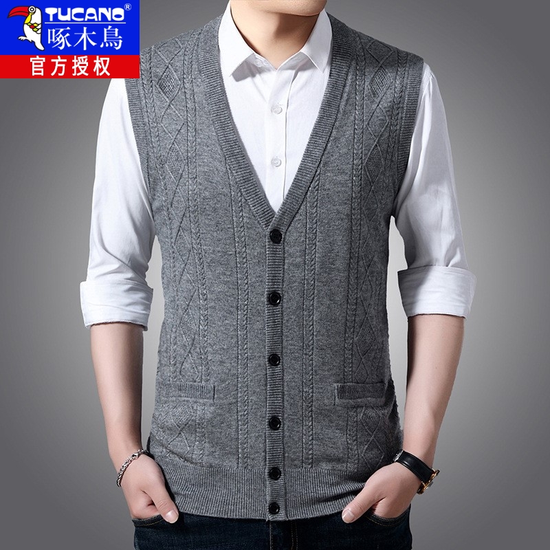 春秋中老年男士羊毛开衫马夹薄款坎肩针织开口背心爸爸毛线马甲土