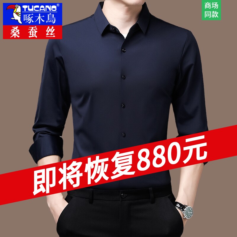 啄木鸟长袖衬衫男桑蚕丝加绒免烫高端真丝保暖衬衣中年休闲春秋装