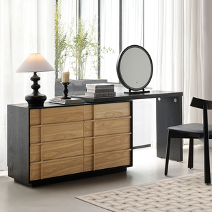 侘寂中古风实木梳妆台斗柜一体复古床尾收纳柜卧室转角伸缩化妆桌