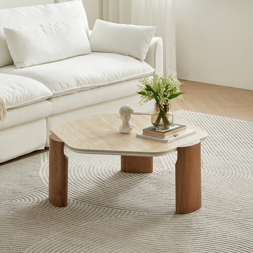 木之语法式中古风实木茶几小户型胡桃色洞石岩板侘寂风圆形小茶桌