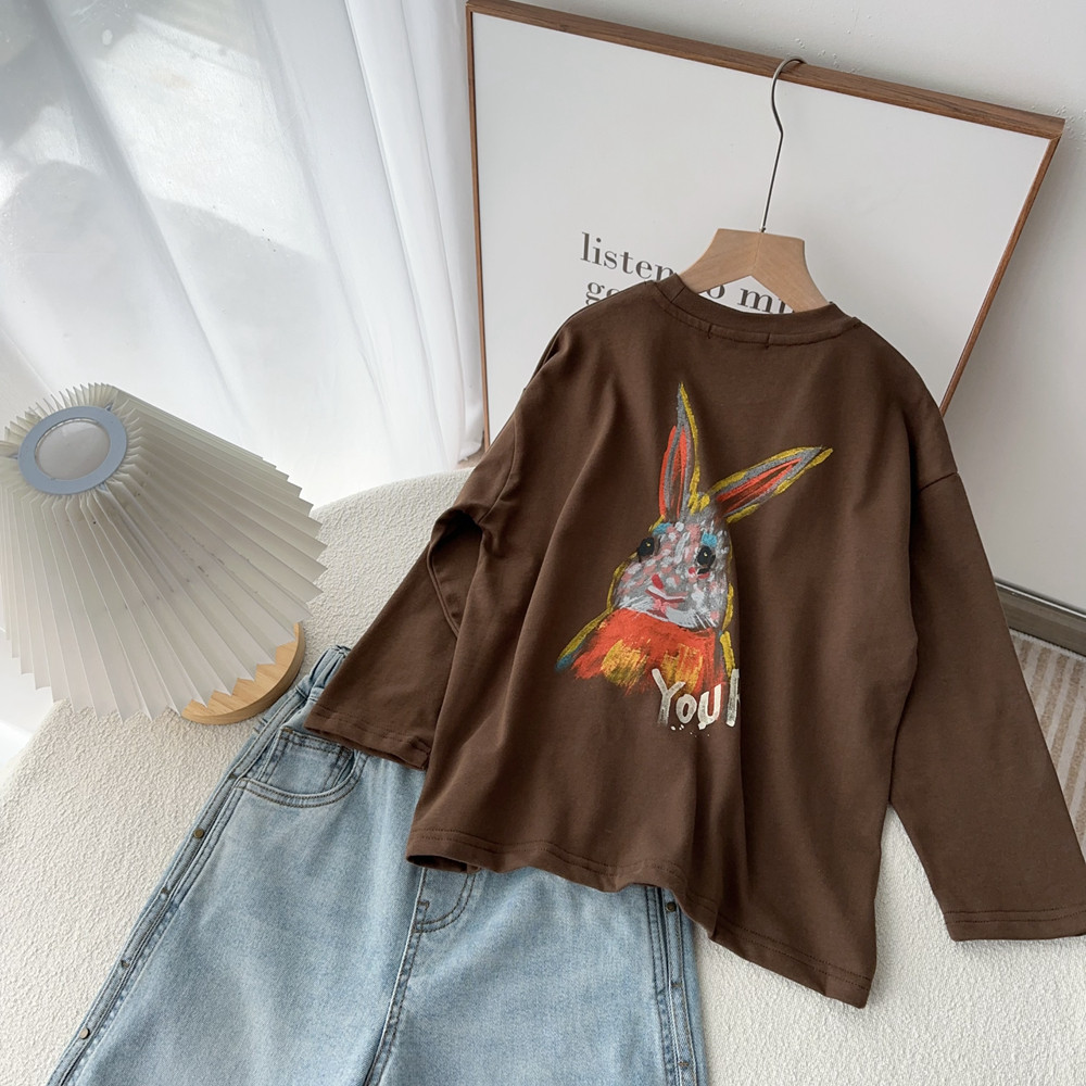 啦芙莱2024春季新品男女儿童韩版涂鸦兔子印花长袖T恤打底衫9217