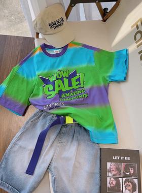 2023夏款男女童韩版街舞风字母印花彩色条纹晕染短袖T恤56539