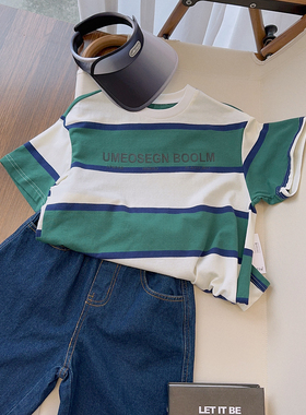 大E小e2023夏新款男女儿童白绿条纹字母印花短袖T恤韩版上衣30027