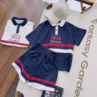啦芙莱2023夏款男童帅气运动套装短袖条纹POLO衫+短裤两件套8067