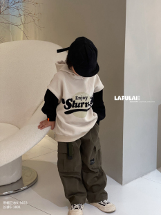 子连帽卫衣9853 男女儿童圆形字母印花撞色袖 啦芙莱童装 2023秋新款