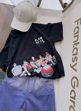 大E小e男童2023夏季新款街舞风篮球全家福印花短袖T恤宽松版30117