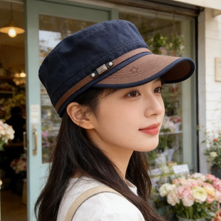 复古皮帽檐拼接平顶男女时尚休闲五角星刺绣鸭舌帽遮阳棒球帽