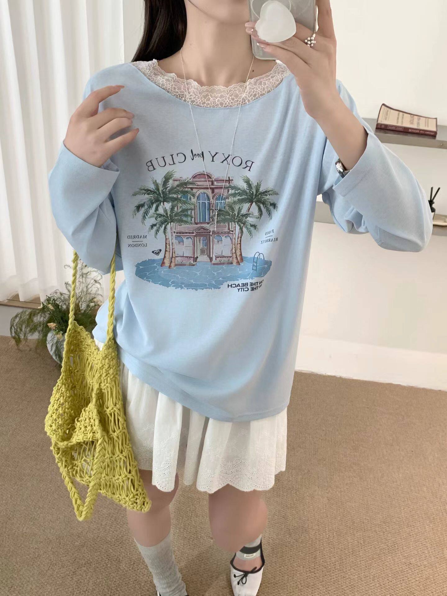 特价清!韩代款夏薄款雪花麻棉防晒衣长袖蕾丝边一字领海岛度假风