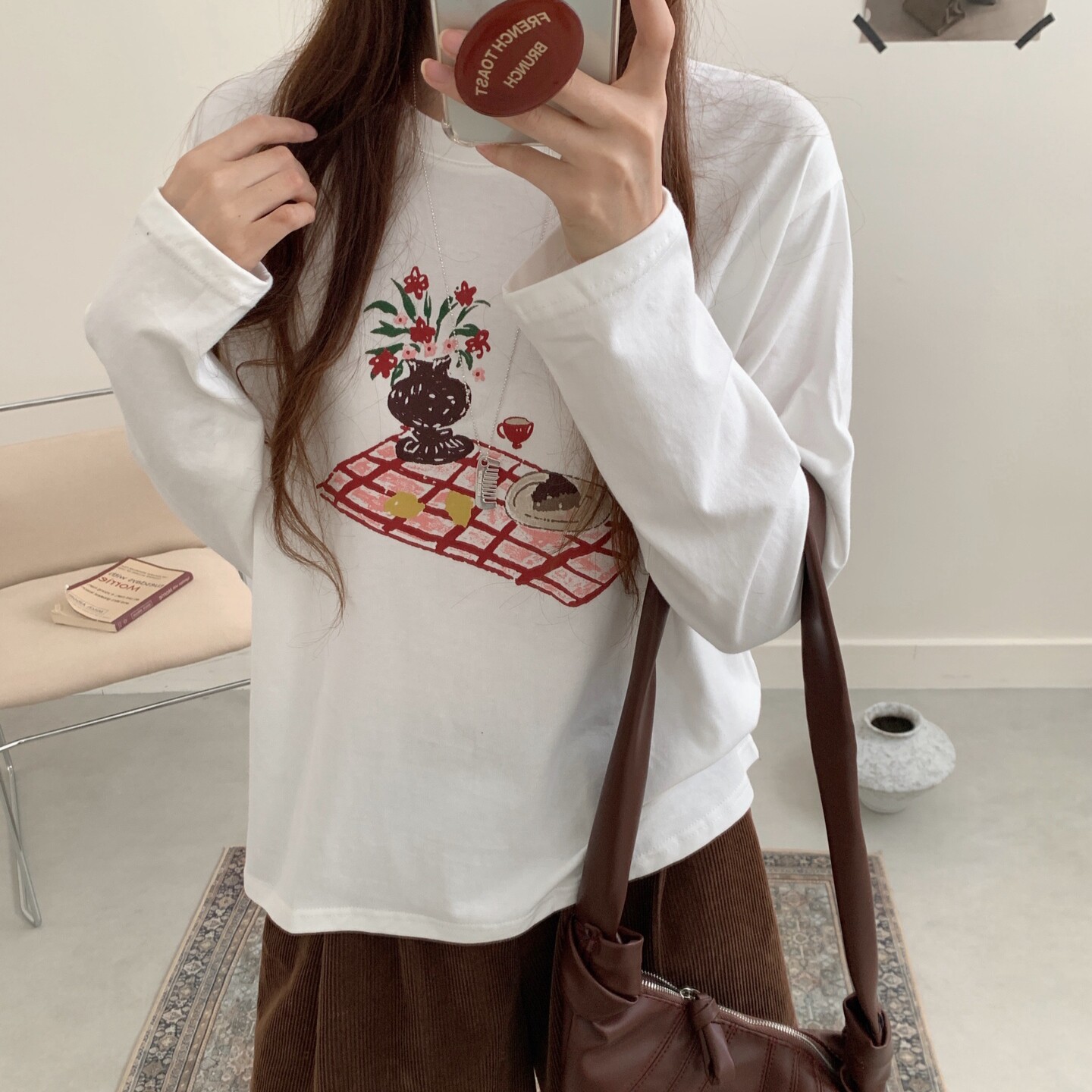 韩代款东大门秋纯棉宽松长袖花瓶印花圆领打底衫T恤清新百搭上衣