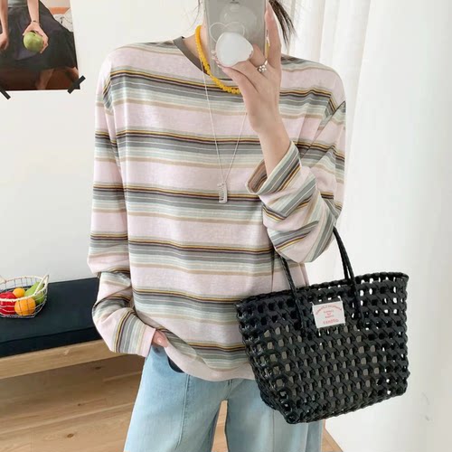 现货！实拍韩国女装夏复古彩条纹宽松长袖薄款雪花麻棉防晒衣t恤