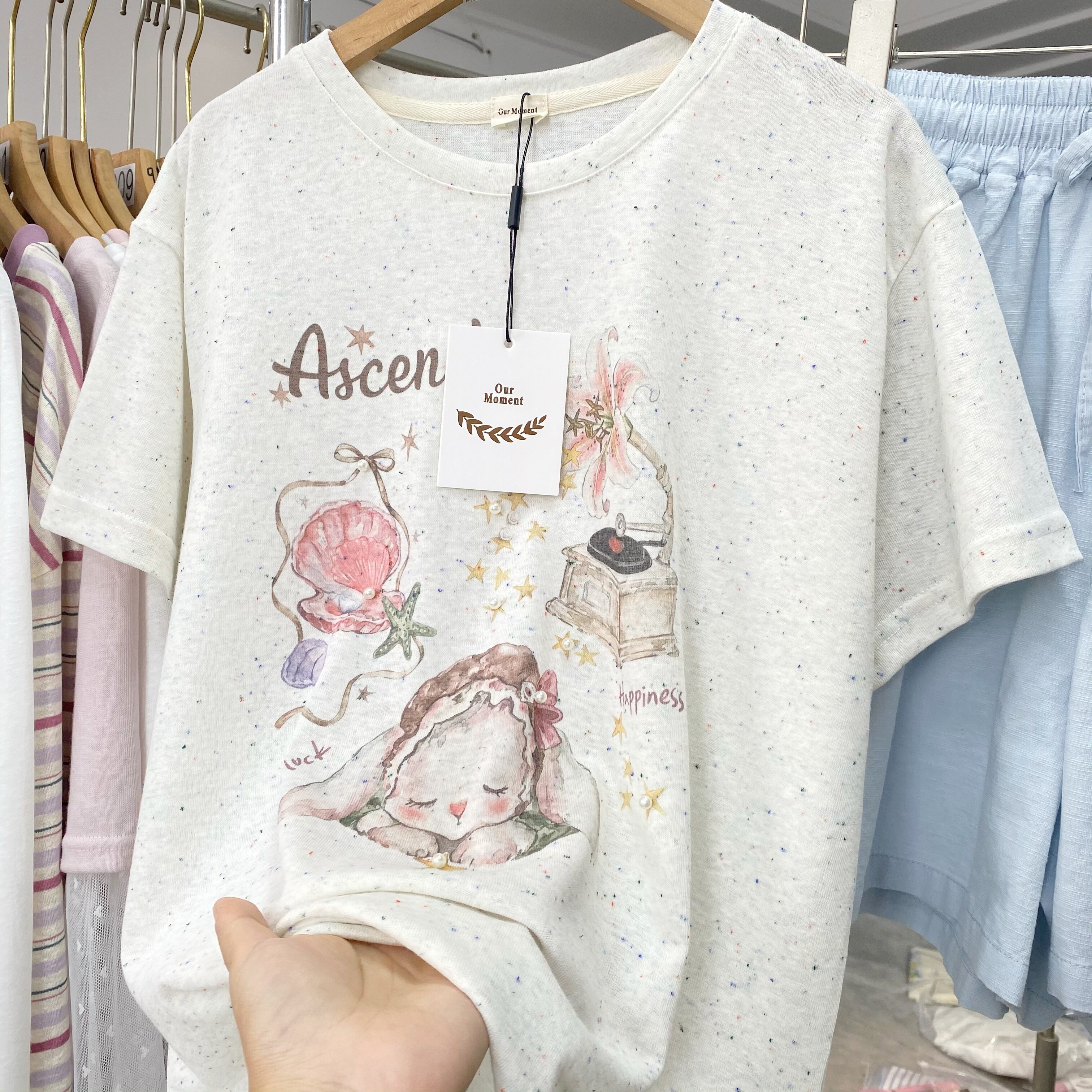 现货实拍！韩代款26新款夏季moment彩点雪花棉钉珠减龄短袖t恤女