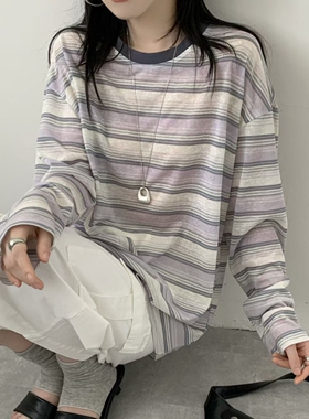 韩系东大门女装复古条纹长袖T恤女宽松慵懒风松弛感显瘦百搭上衣