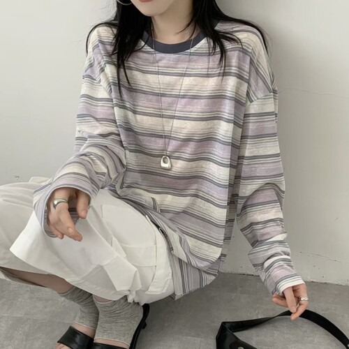 韩系东大门女装复古条纹长袖T恤女宽松慵懒风松弛感显瘦百搭上衣