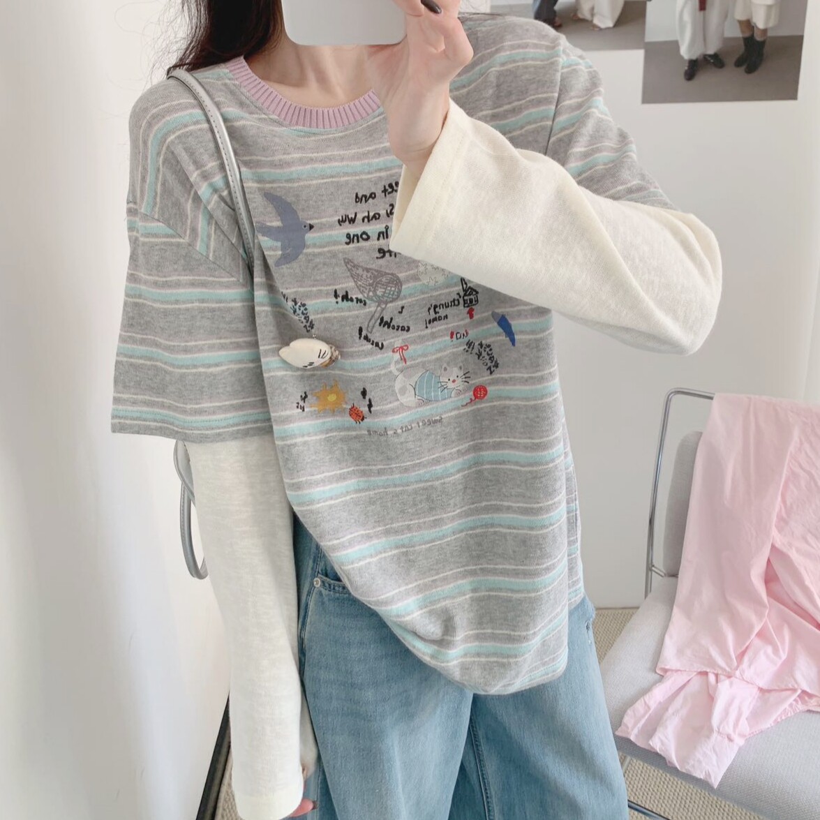 韩代款东大门春季新款麻感棉条纹圆领假两件长袖卡通减龄宽松T恤