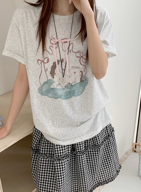现货韩代款moment东大门夏薄款甜美宽松麻感棉蝴蝶结小马短袖t恤