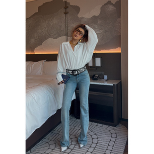 水洗蓝低腰无弹牛仔裤 脚不规则褶皱设计显瘦修身 显腿长 小溪家