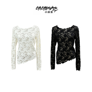 (小溪家)法式蕾丝上衣不规则下摆微透修身气质性感约会设计长袖