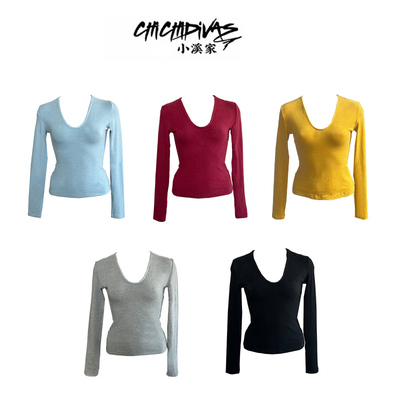 （小溪家）双面绒感弹力水滴领打底T恤修身显瘦基础百搭秋冬上衣