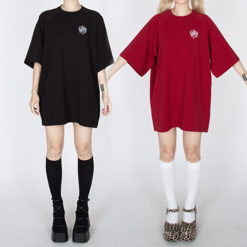 暴杂原创设计 美式学院徽章宽松oversizeT恤短袖 红黑两色 可情侣