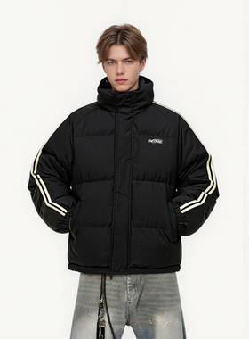 SRME美式复古两条杠设计简约Logo字母印花立领加厚保暖面包棉服