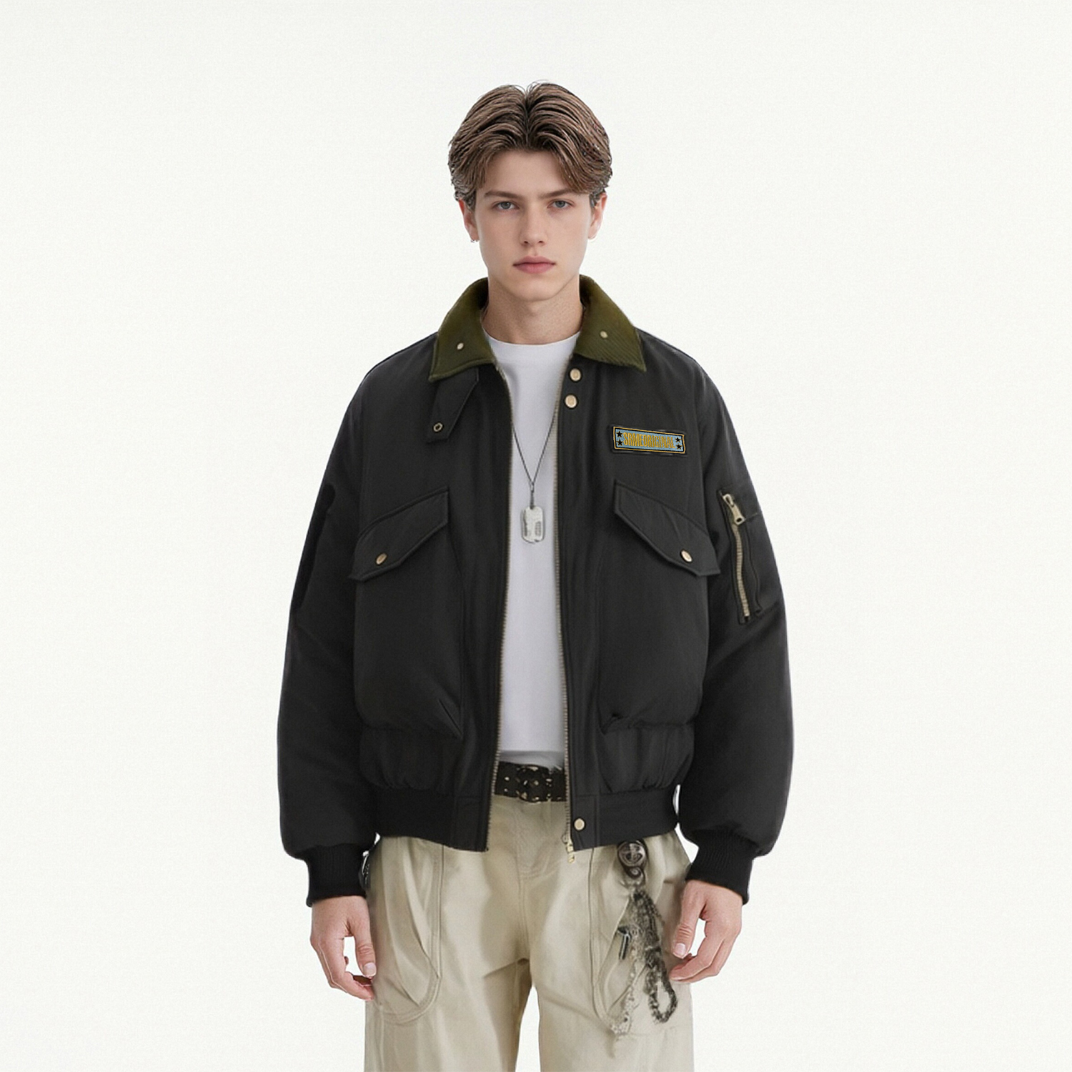 SRME可撕贴魔术贴90白鸭绒机车风保暖防寒短款工装夹克外套羽绒服