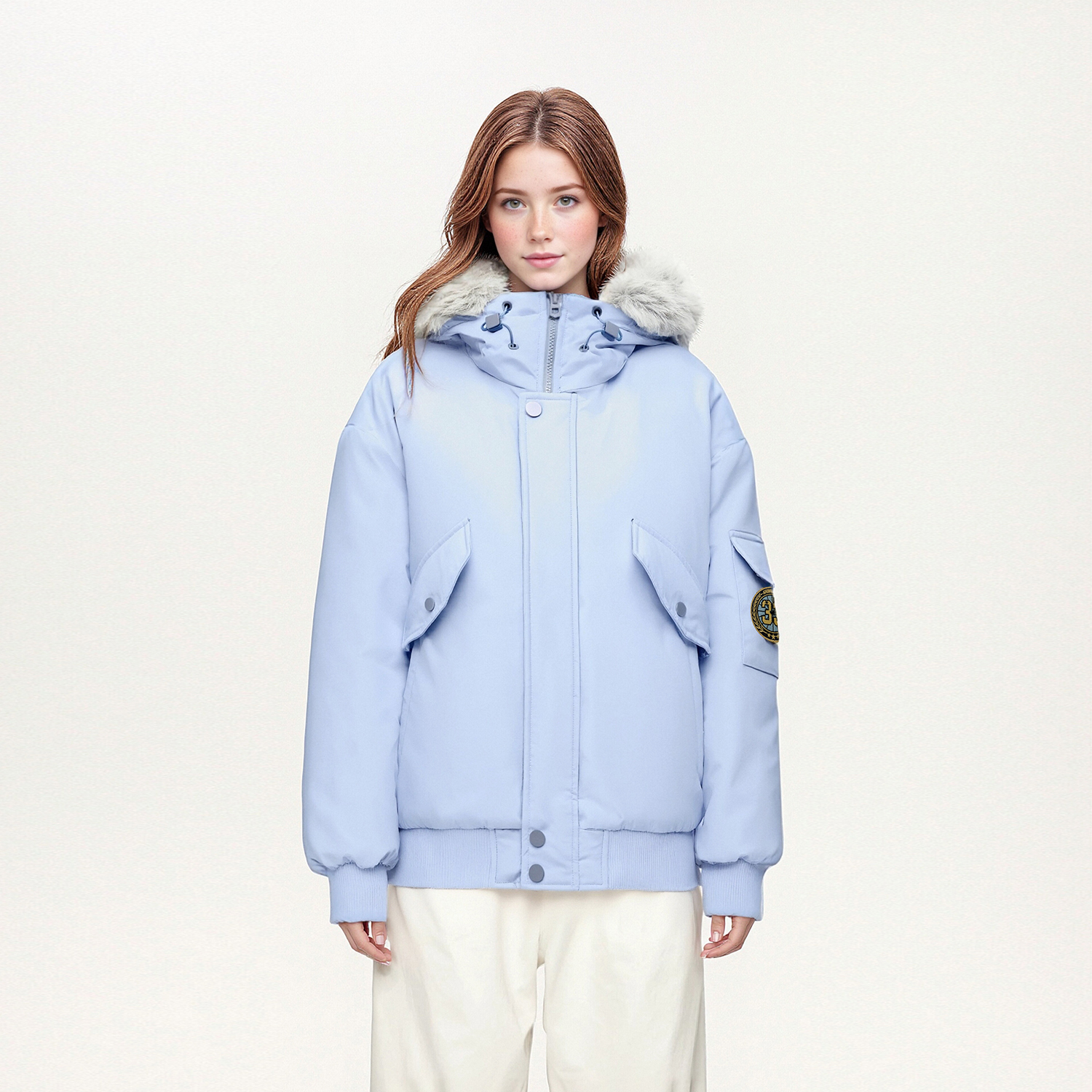 SRME徽章标保暖防寒90白鸭绒防风户外骑行短宽工装夹克外套羽绒服