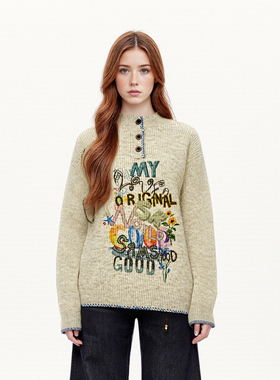 SRME数码直喷印花蜡笔涂鸦风设计亨利领圆领针织潮流秋季情侣毛衣