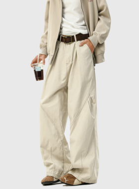 SRME老钱复古水洗工装裤结构直筒垂感鲨鱼鳃褶位伞兵裤休闲裤