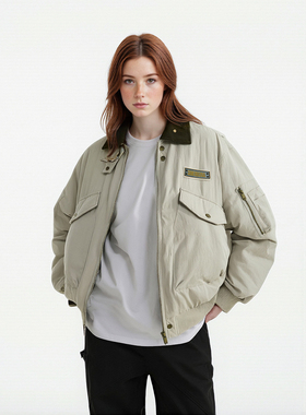 SRME可撕贴魔术贴90白鸭绒机车风保暖防寒短款工装夹克外套羽绒服