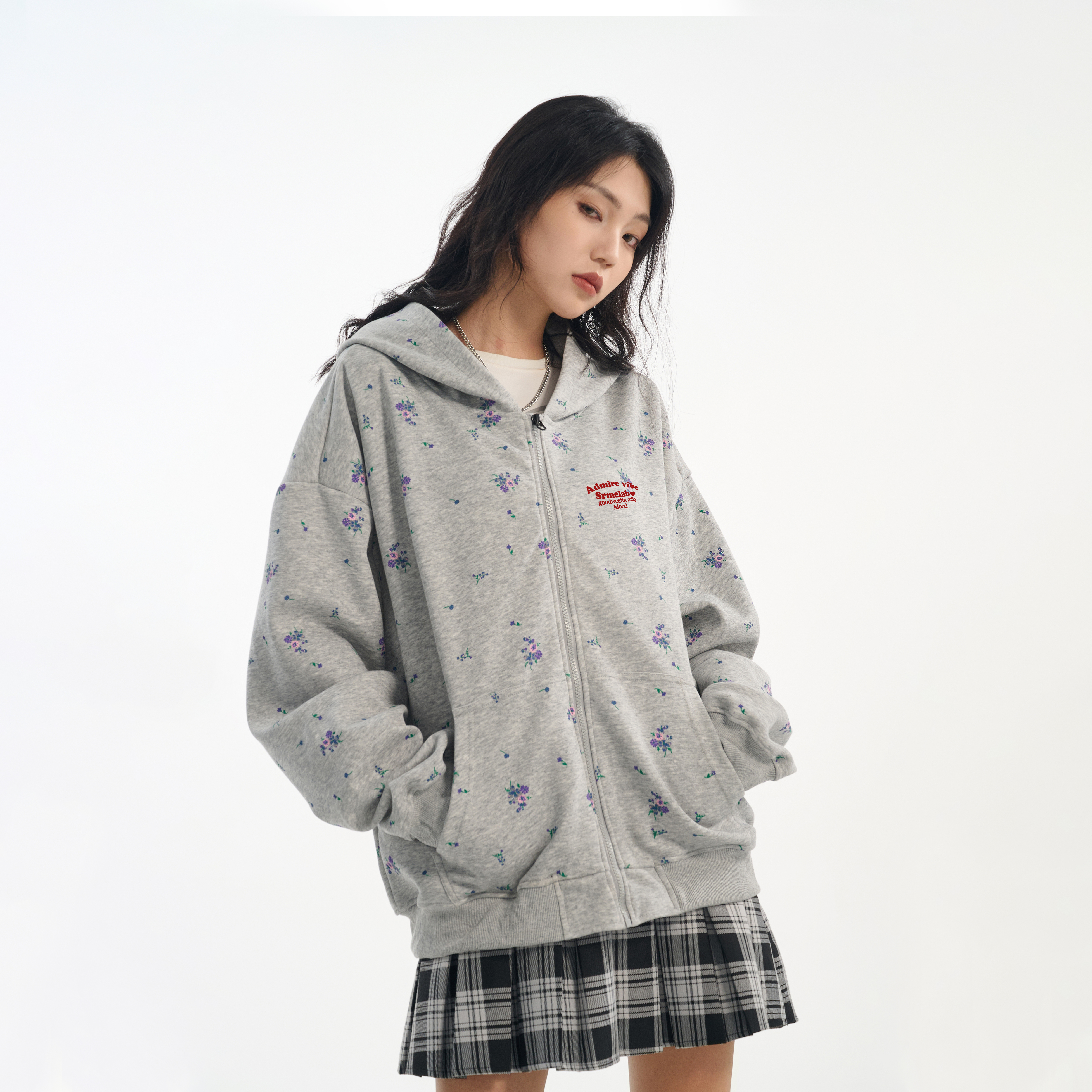 SRME爱心印花碎花花卉满印休闲宽松套头上衣拉链外套帽衫卫衣